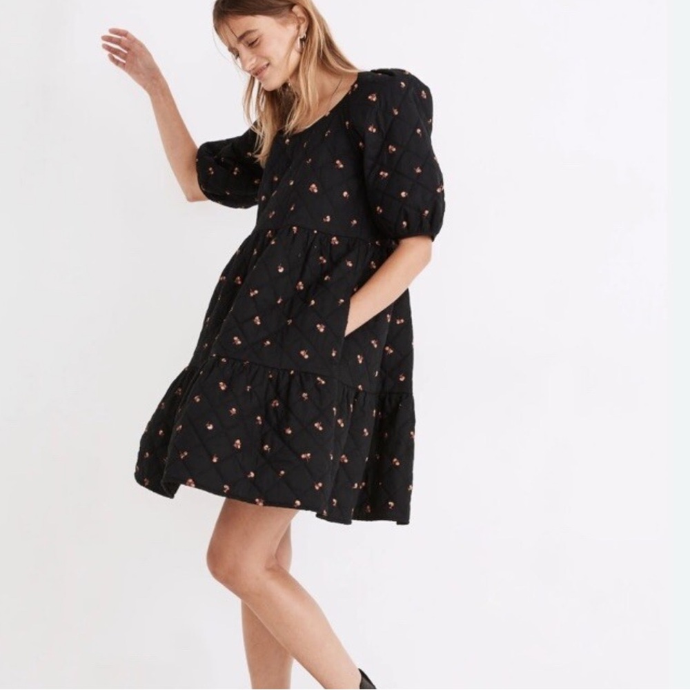 Madewell Quilted Puff-Sleeve Mini Dress in‎ Black Amie Floral (XS)